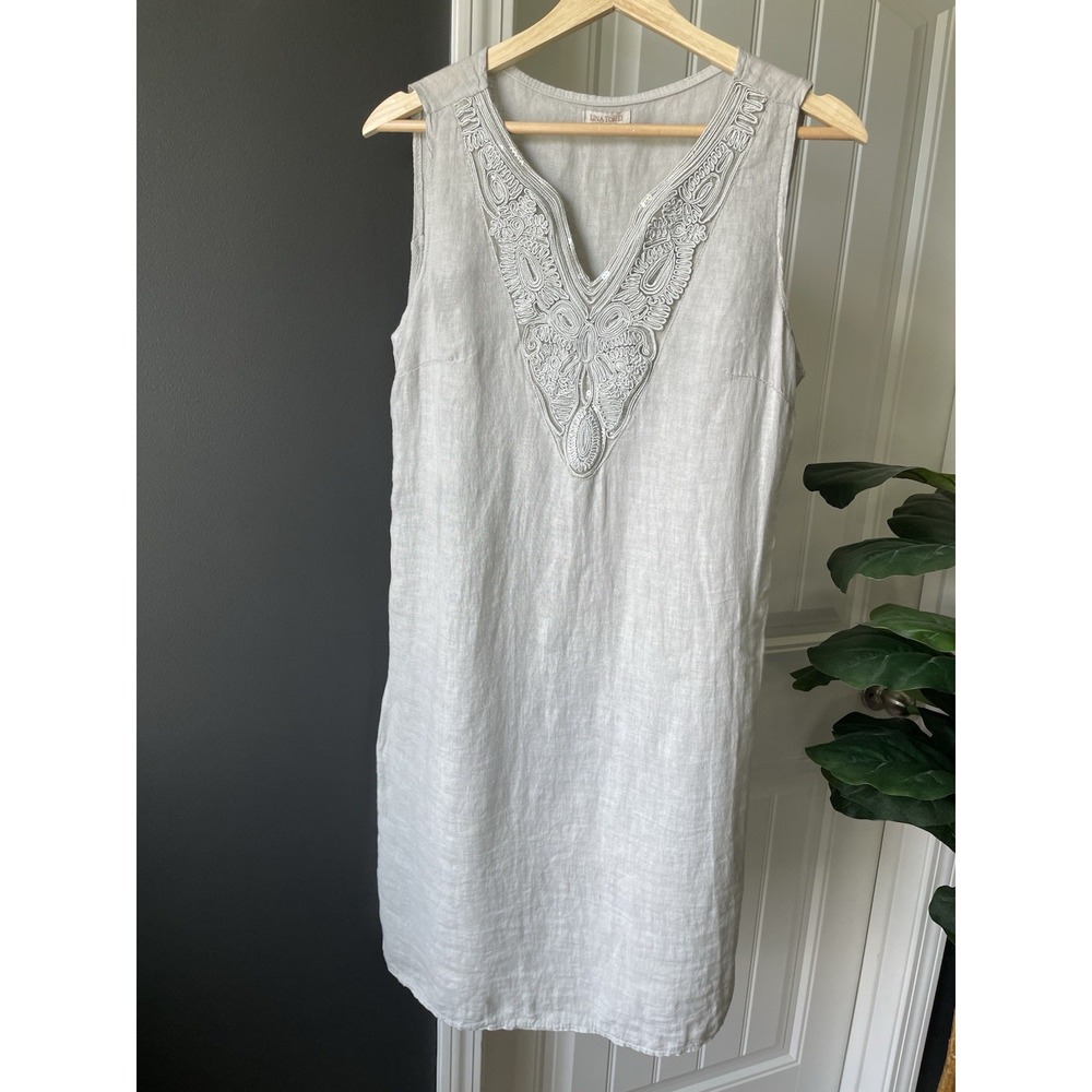 Lina Tomei Linen Dress Made In Italy Gray Resort Boho Beaded Embroidered Shift S